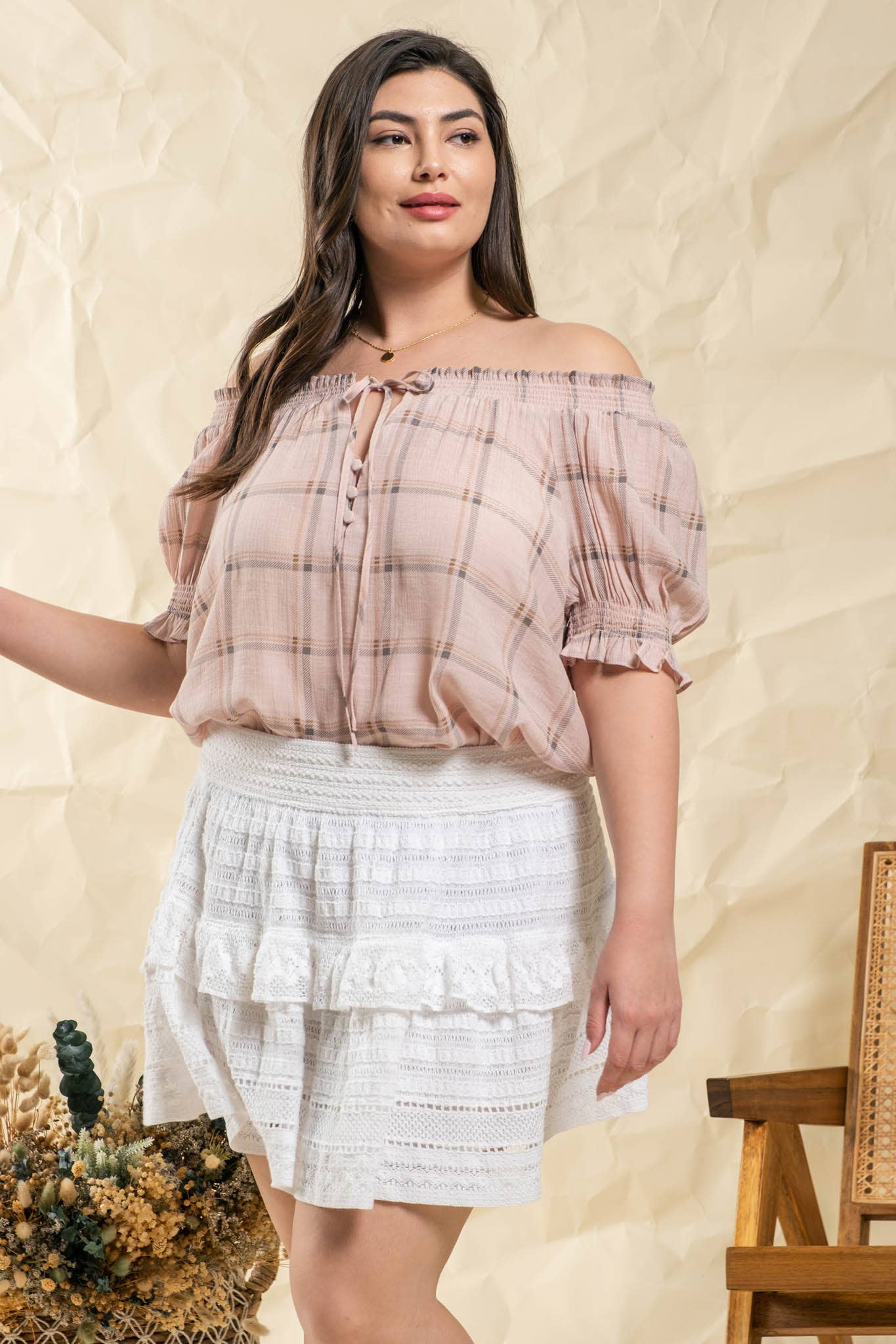 PLUS PLAID SPLIT TIE NECK SMOCKED BLOUSE - Baycreek & Co