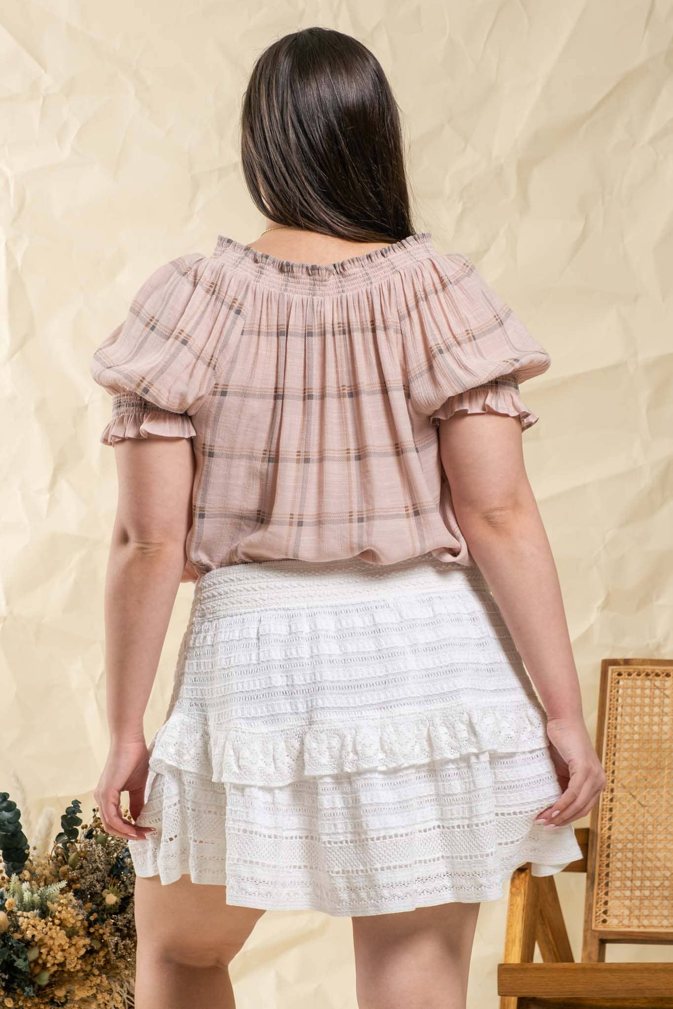 PLUS PLAID SPLIT TIE NECK SMOCKED BLOUSE - Baycreek & Co
