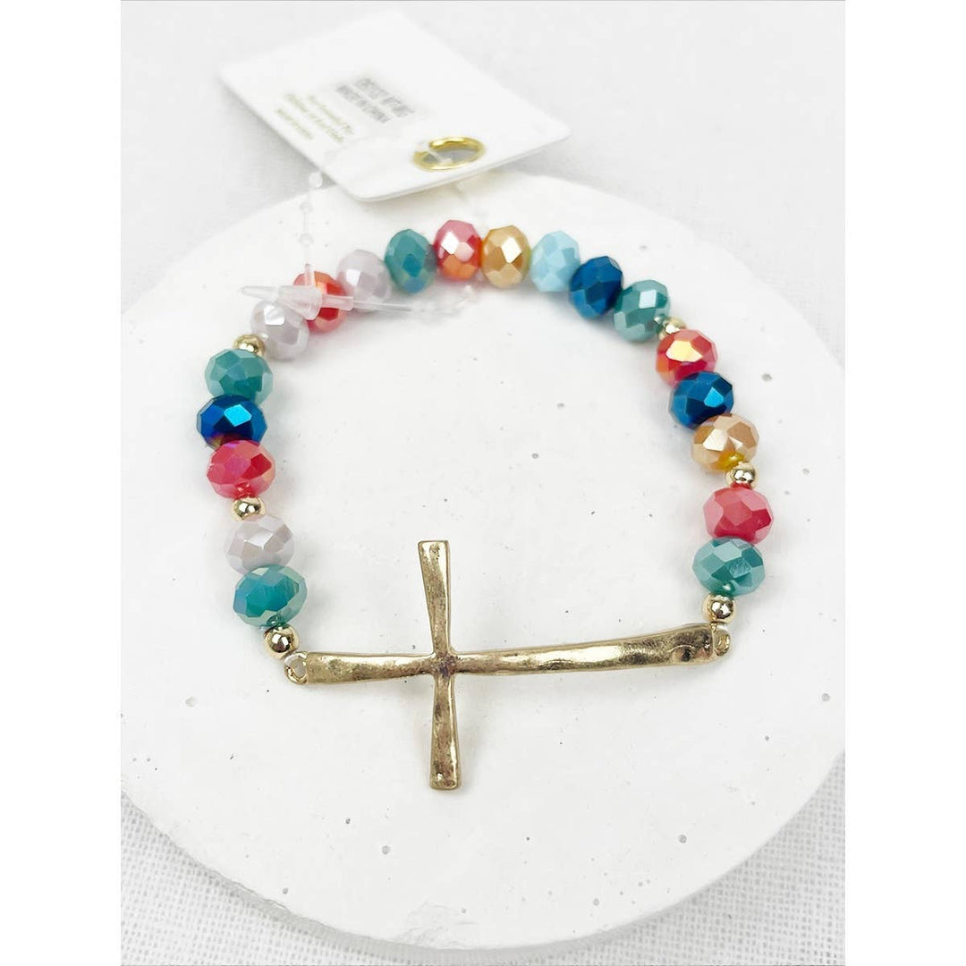 Hammered Beaded Cross Bracelet