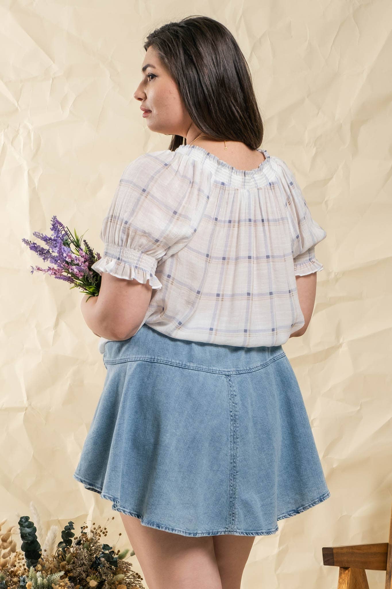 PLUS PLAID SPLIT TIE NECK SMOCKED BLOUSE - Baycreek & Co