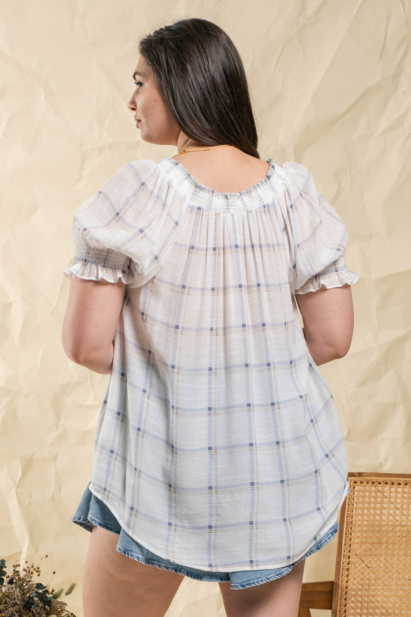 PLUS PLAID SPLIT TIE NECK SMOCKED BLOUSE - Baycreek & Co