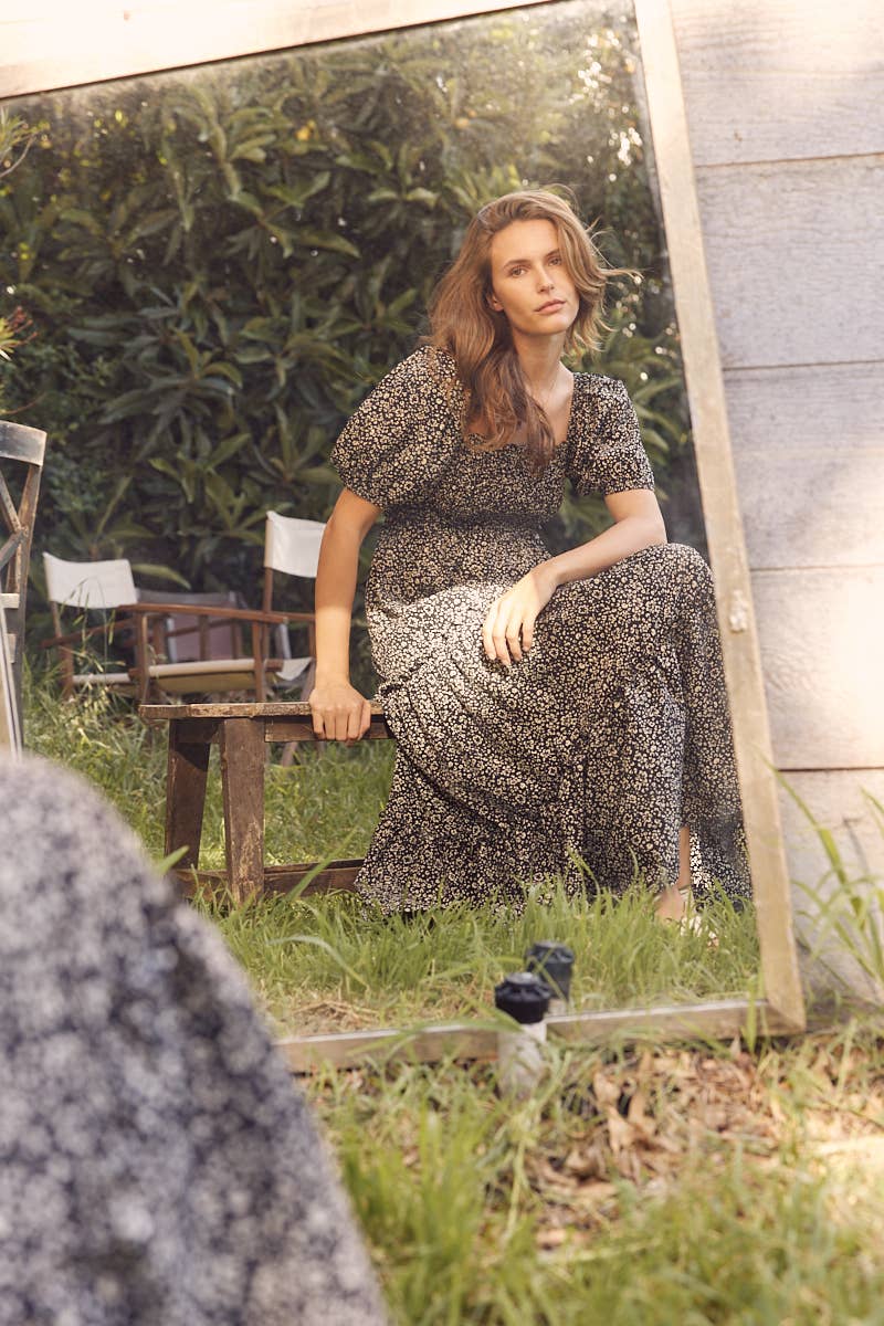 WESTERN FLORAL LEOPARD PRINT PUFF SLEEVES MIDI DRESS