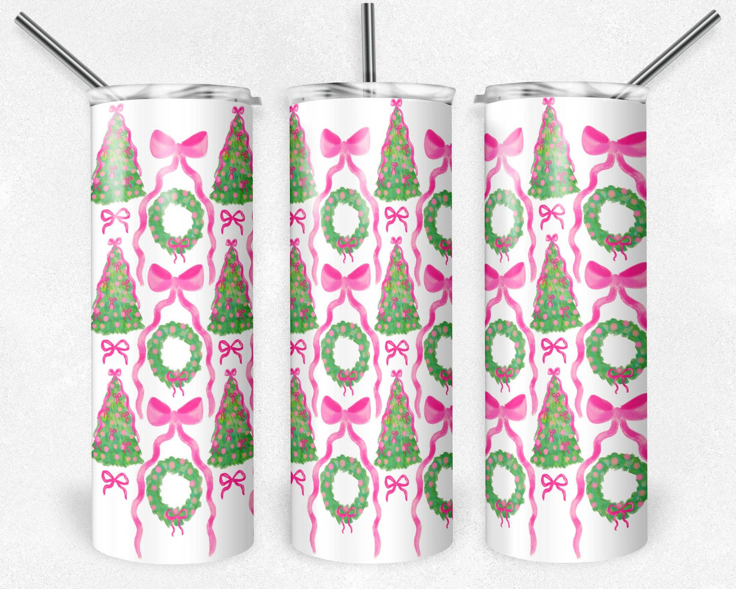 20 oz Skinny Tumbler, Pink Bow Tree and Wreaths Pattern