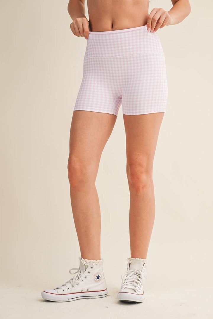 Gingham Print Contrast Binding Biker Shorts - Baycreek & Co