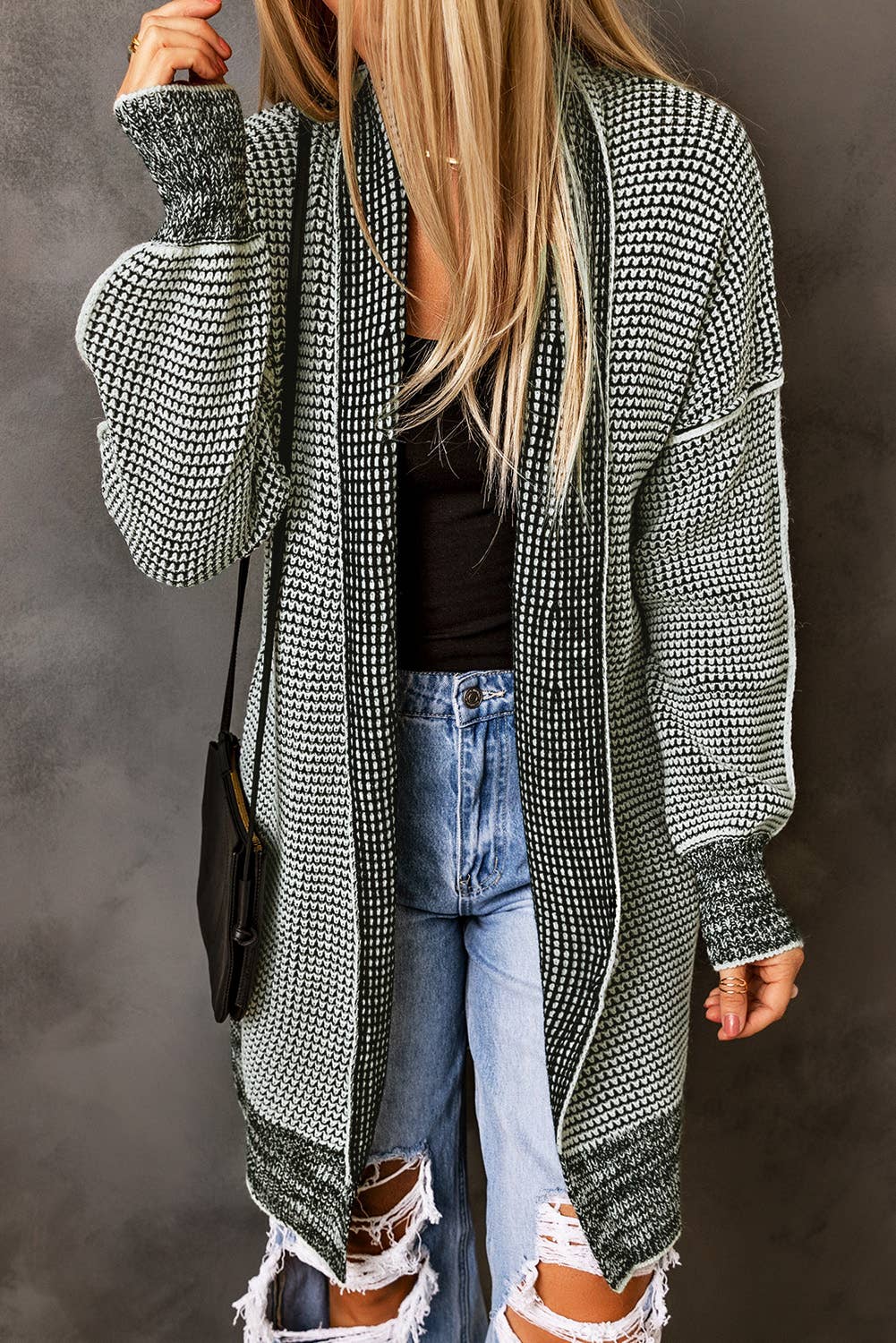 Plaid Knitted Long Open Front Cardigan