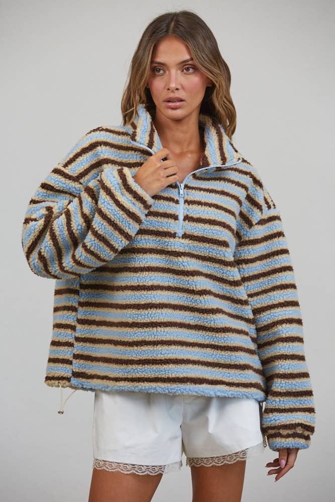 T3535 Relaxed Sherpa Striped Half Zip Pullover - Baycreek & Co