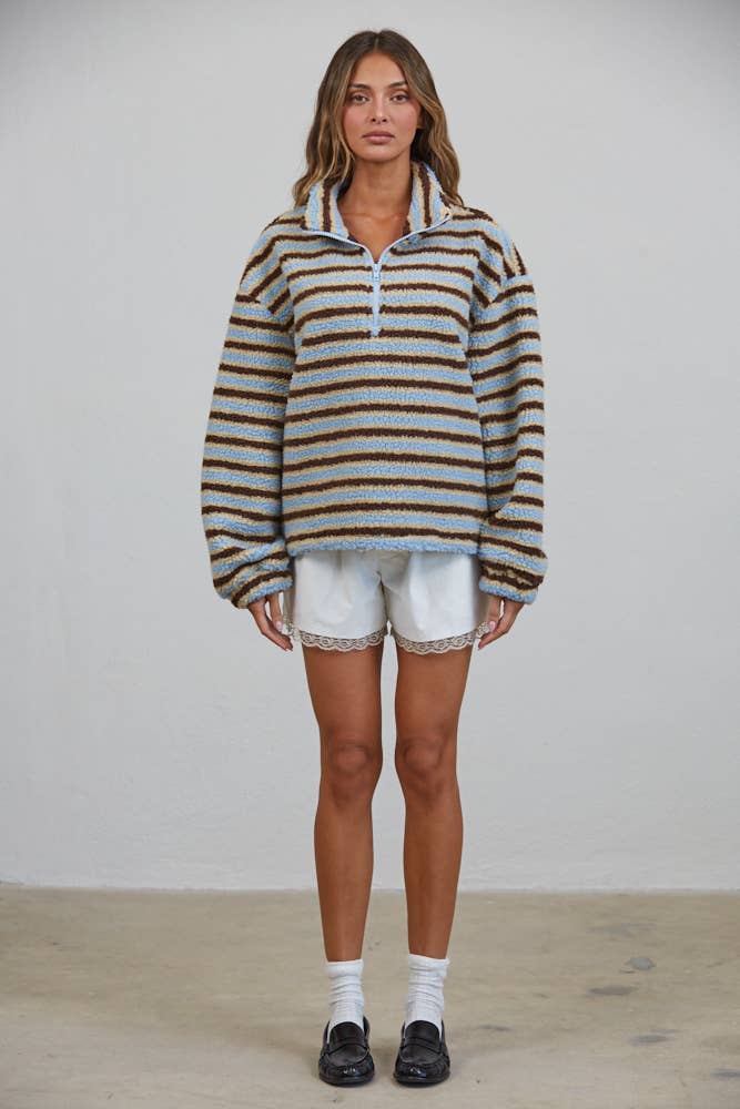 T3535 Relaxed Sherpa Striped Half Zip Pullover - Baycreek & Co