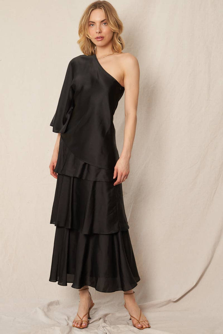 Belted Satin Tiered Midi Skirt