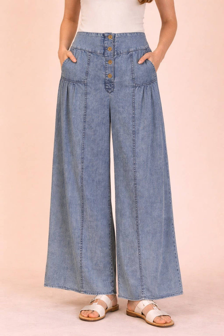 NP70935-Mineral Washed Chambray Wide Pants - Baycreek & Co