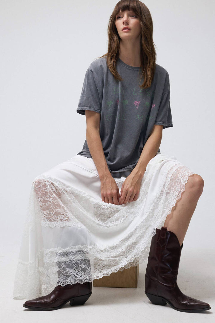 Lace Trim Asymmetrical Hem Satin Midi Skirt - Baycreek & Co