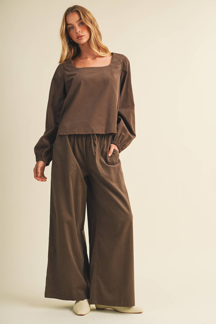 Wide-Leg Corduroy Elasticated Waist Trousers: Brown / S - Baycreek & Co