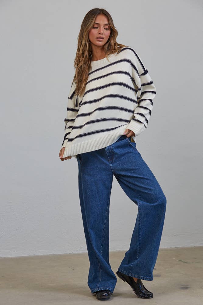 NSW3499 Nautical Stitch Stripe Oversized Sweater - Baycreek & Co
