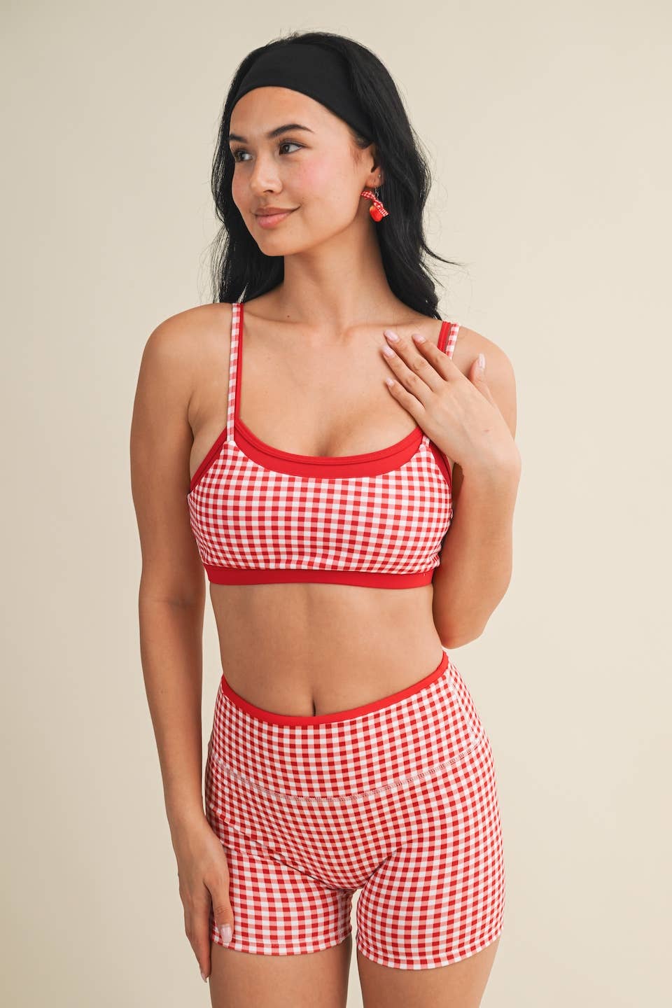 Gingham Print Double Layered Sports Bra - Baycreek & Co
