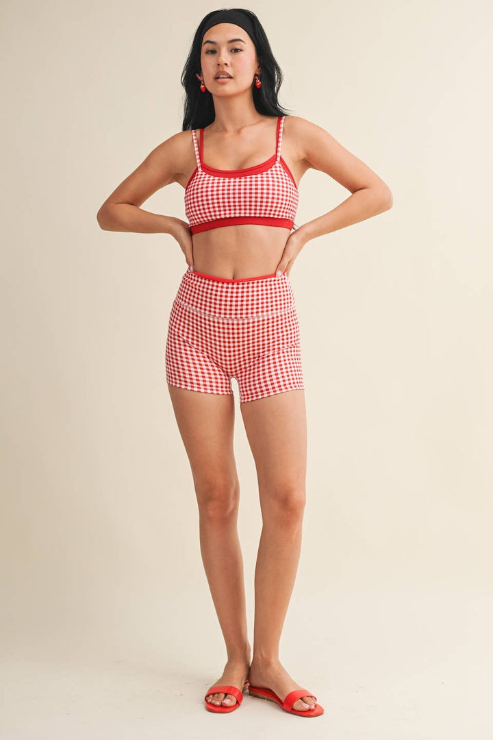 Gingham Print Double Layered Sports Bra - Baycreek & Co
