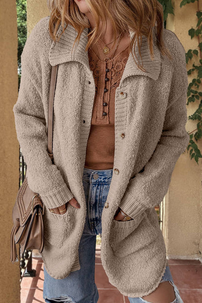Collared Drop Shoulder Button Up Cardigan with Pocket