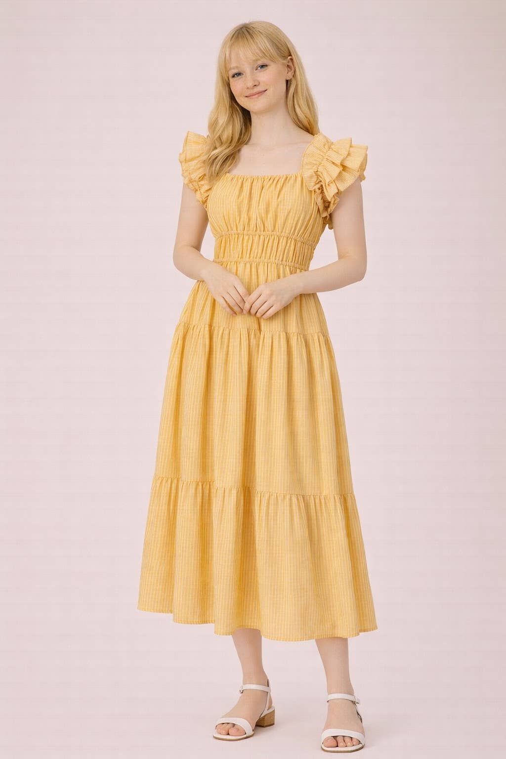 ND32033-Shoulder Ruffle Detail Stripe Midi Dress - Baycreek & Co