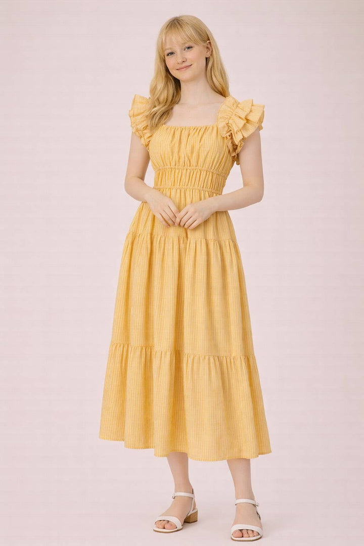 ND32033-Shoulder Ruffle Detail Stripe Midi Dress - Baycreek & Co