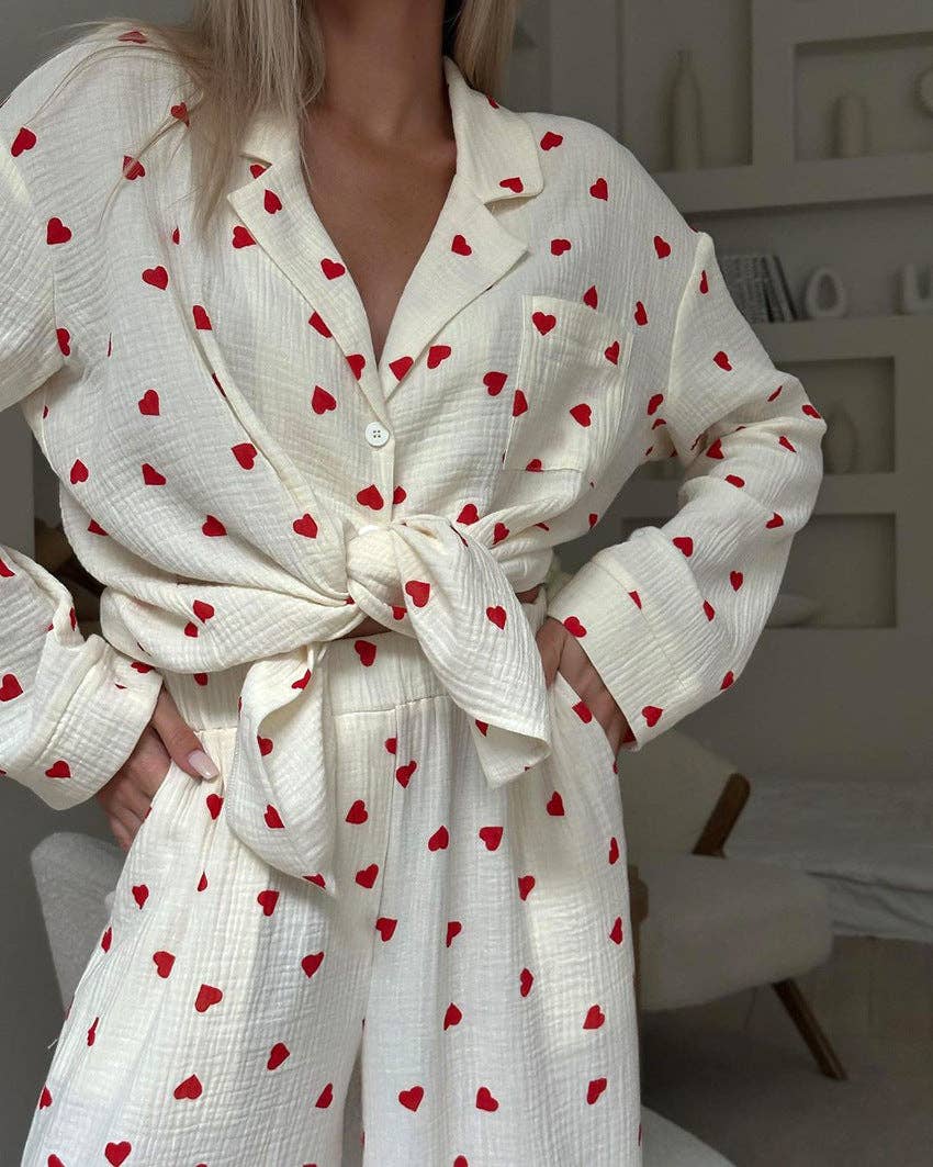 Heart Print Lounge Button Up Pajamas Set DP25F878 - Baycreek & Co