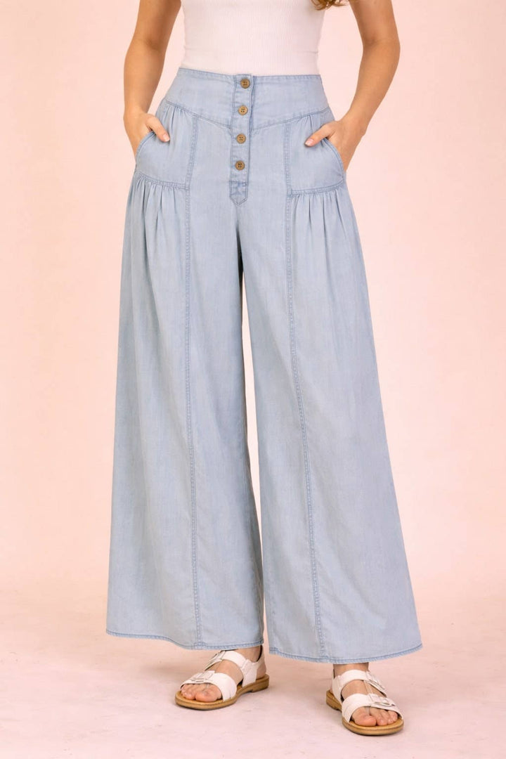 NP70935-Mineral Washed Chambray Wide Pants - Baycreek & Co