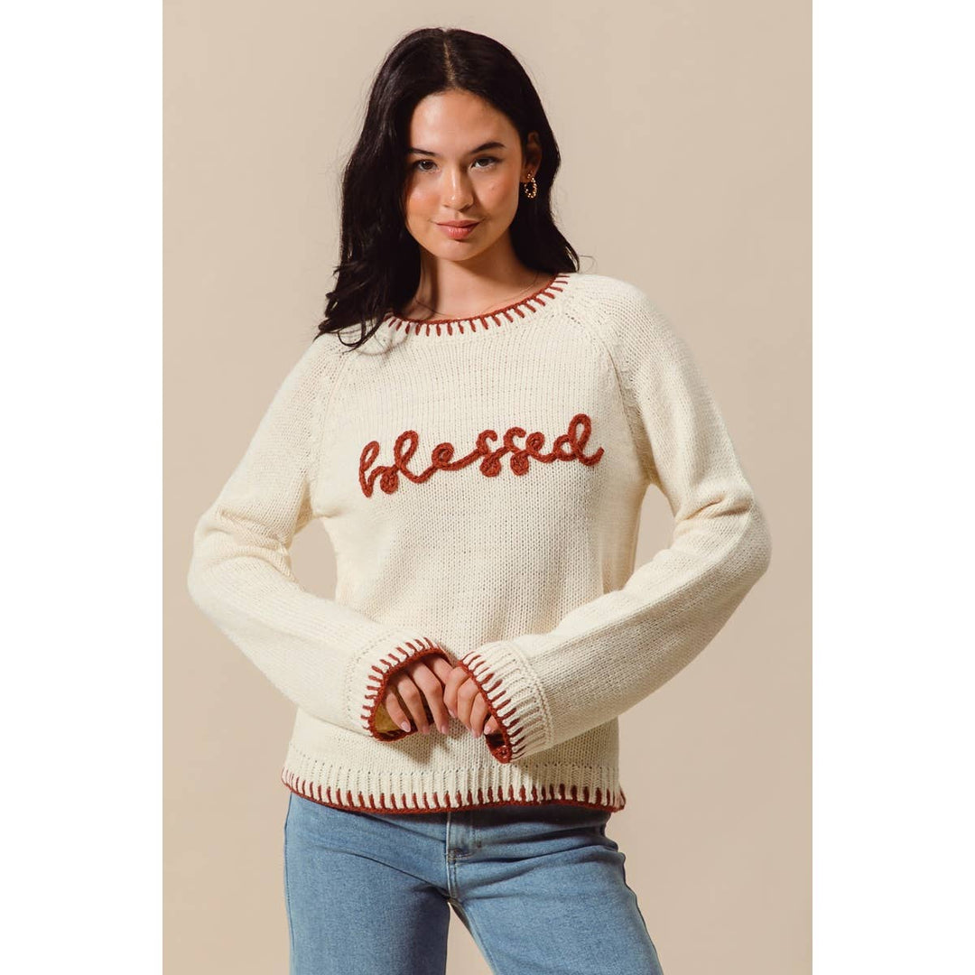 BLESSED THANKSGIVING LETTERING SWEATER TOP: OATMEAL/BRICK / M - Baycreek & Co