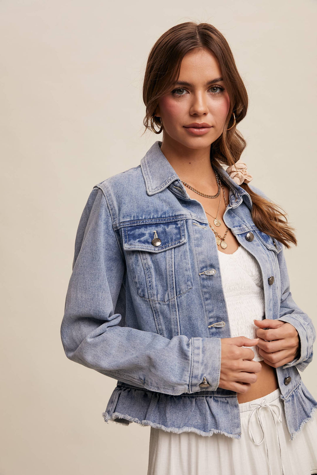 Ruffled Hem Denim Jacket - Baycreek & Co