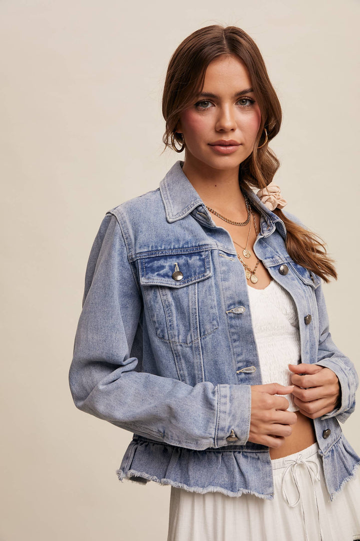 Ruffled Hem Denim Jacket - Baycreek & Co