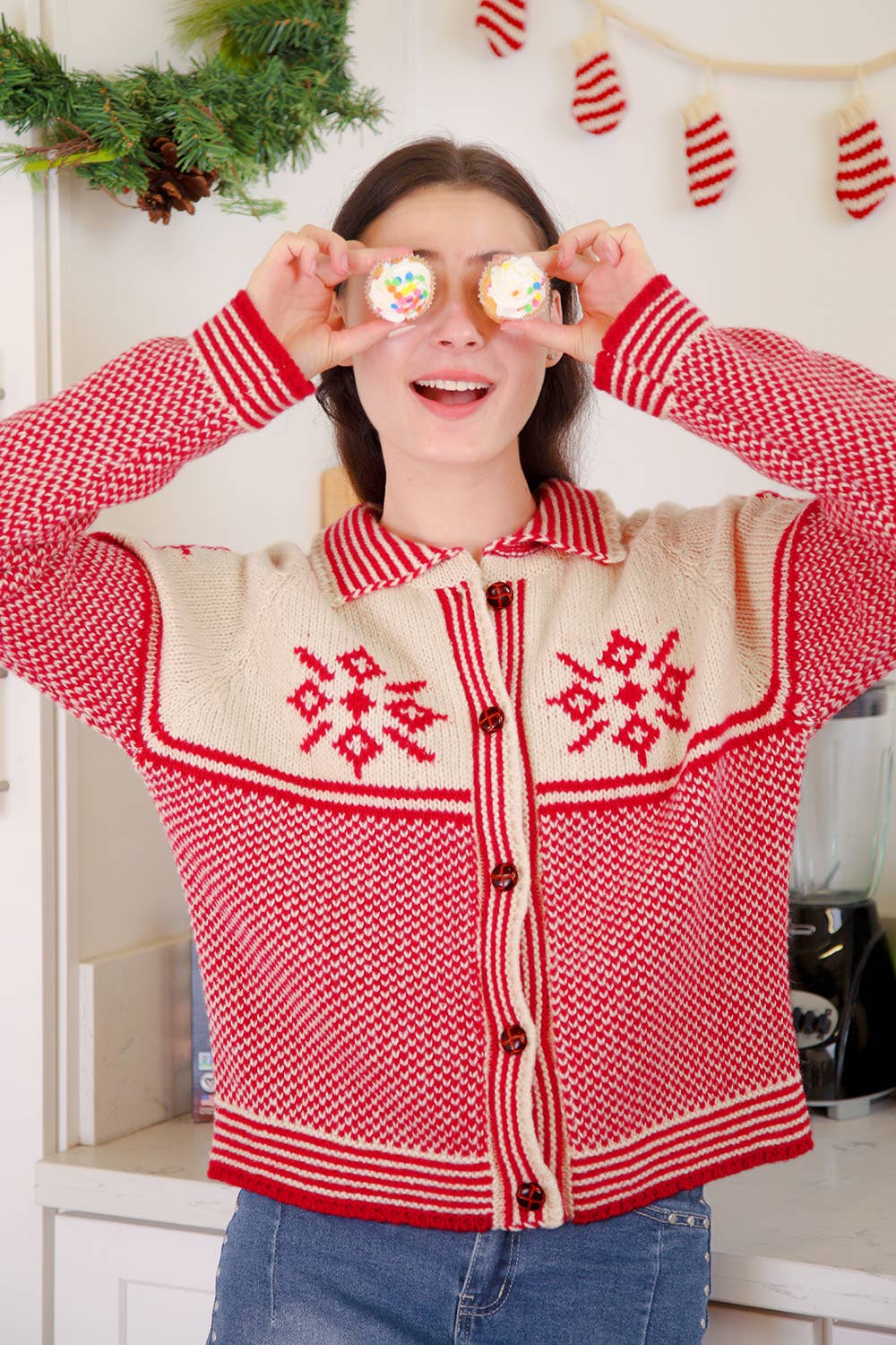 12W3511N-Graphic Collared Knit Sweater Cardigan: LATTE / S-M-L/2-2-2 - Baycreek & Co