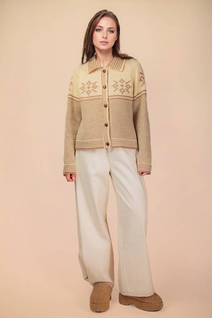 12W3511N-Graphic Collared Knit Sweater Cardigan: LATTE / S-M-L/2-2-2 - Baycreek & Co