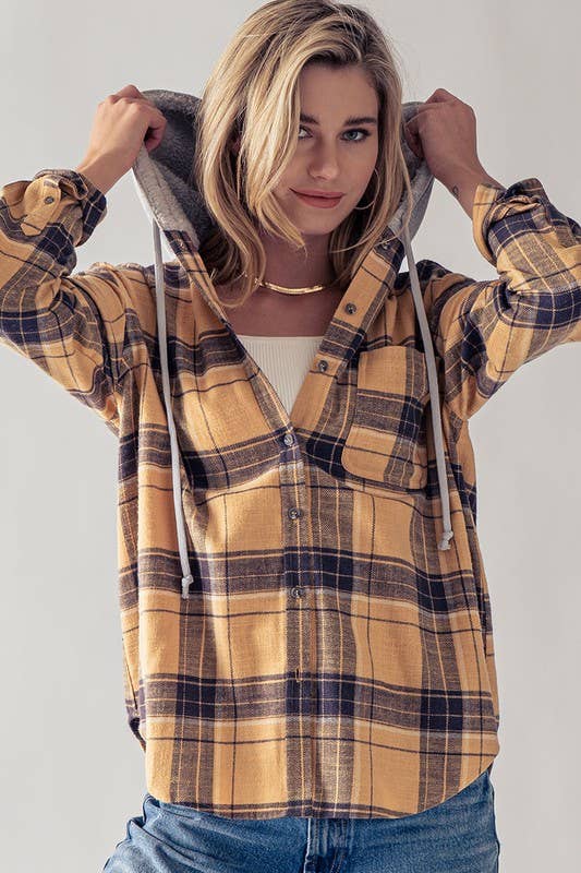 PLAID BUTTON UP FLECCE LINED HOODIE TOP: SAFFRON / S-2/M-2/L-2 - Baycreek & Co