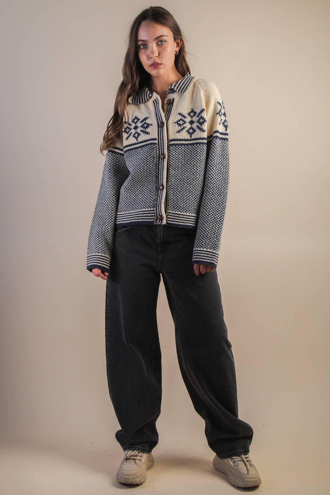 12W3511N-Graphic Collared Knit Sweater Cardigan: LATTE / S-M-L/2-2-2 - Baycreek & Co
