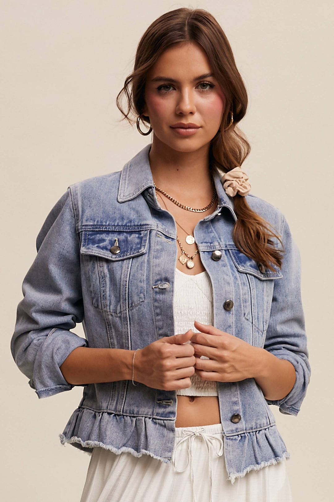 Ruffled Hem Denim Jacket - Baycreek & Co