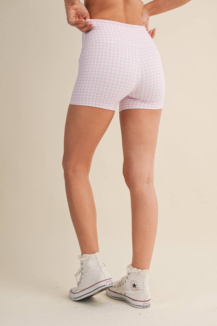 Gingham Print Contrast Binding Biker Shorts - Baycreek & Co