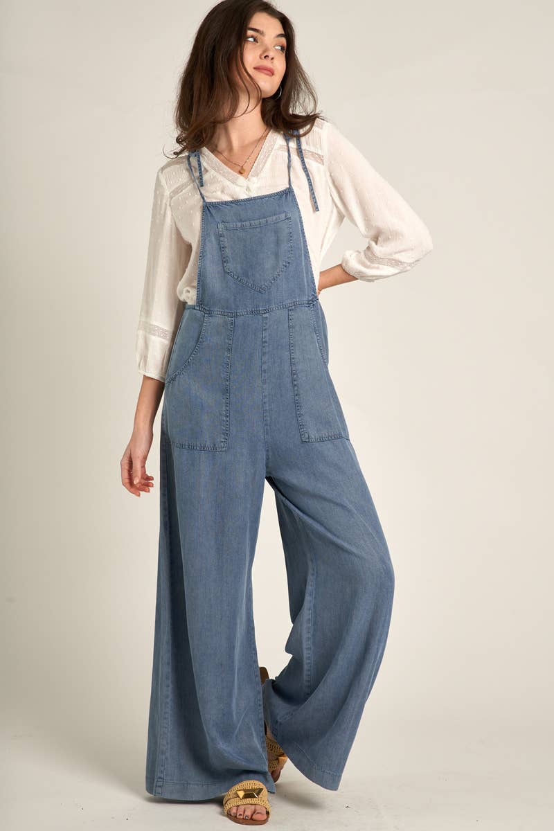 Tie Shoulder Soft Denim Jumpsuit