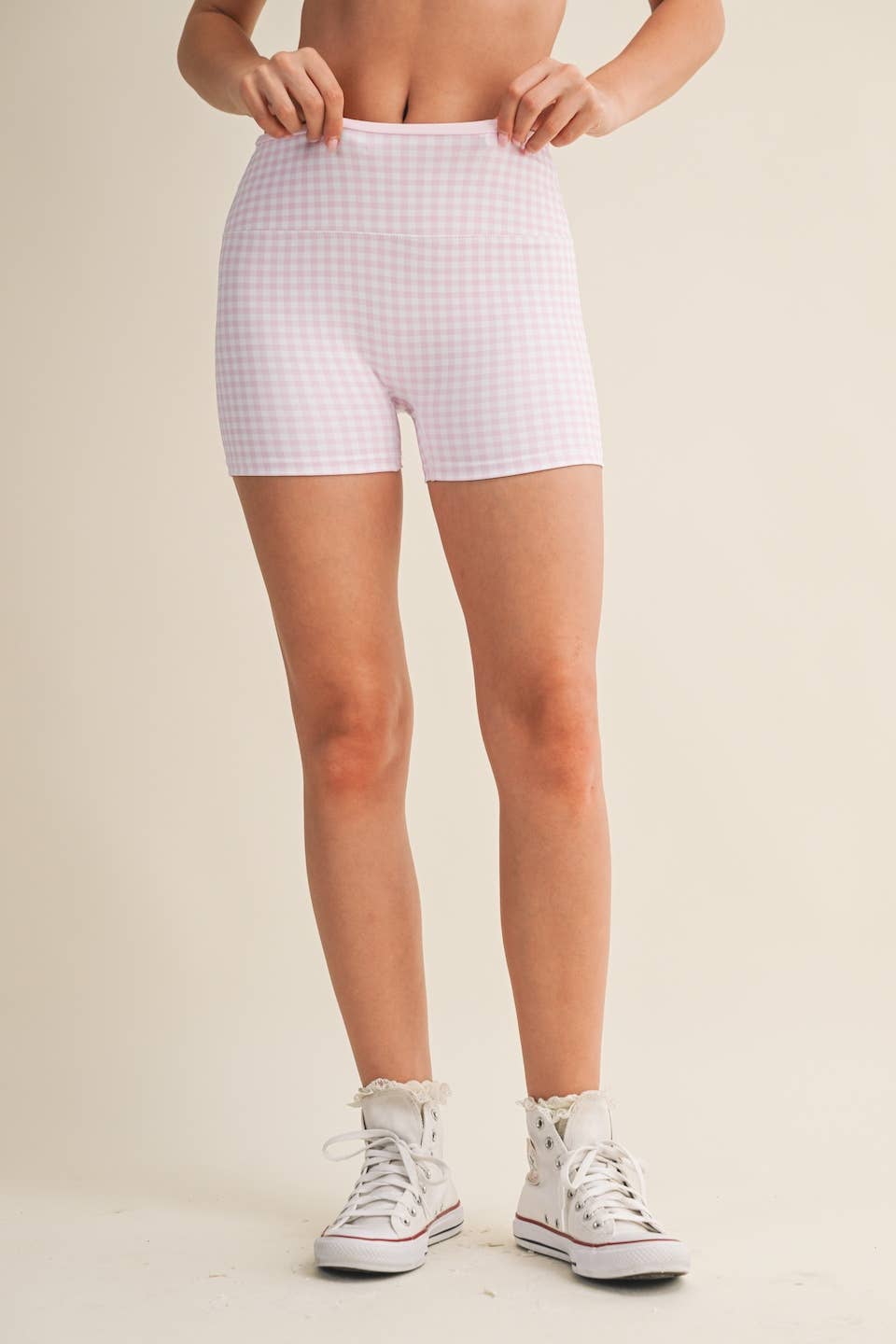 Gingham Print Contrast Binding Biker Shorts - Baycreek & Co
