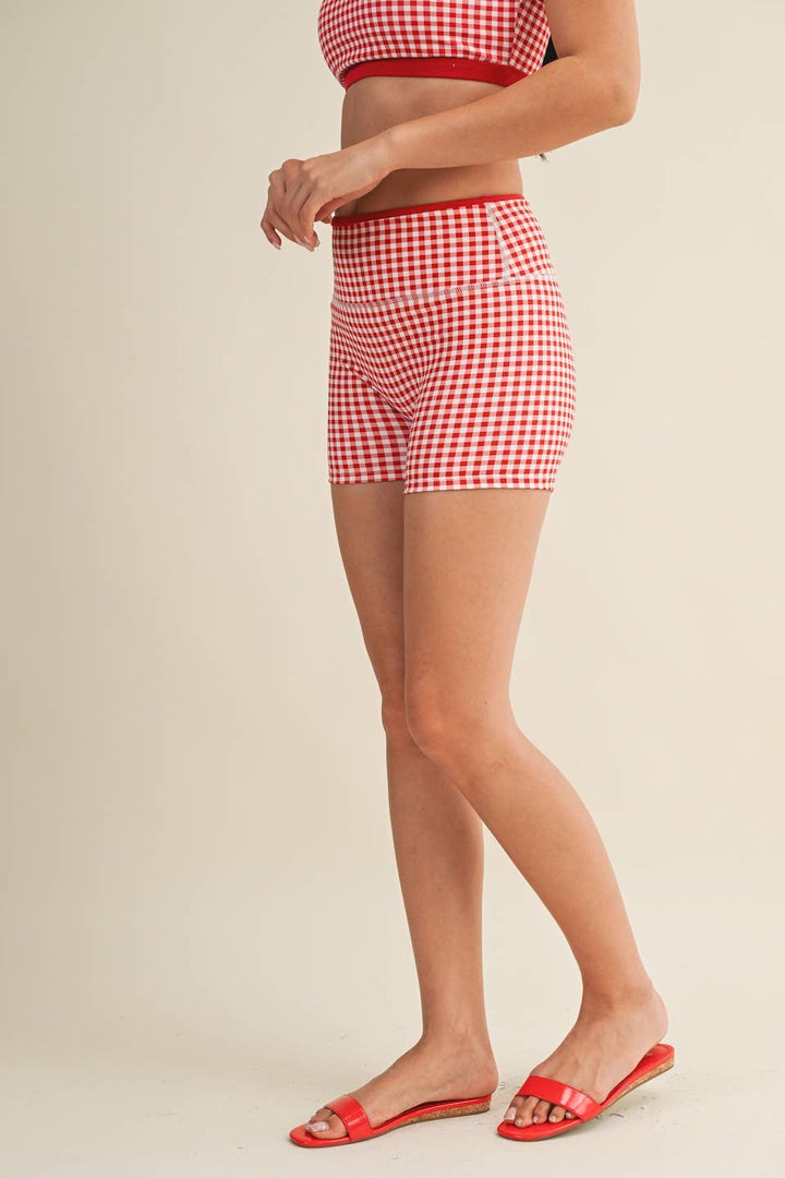 Gingham Print Contrast Binding Biker Shorts - Baycreek & Co