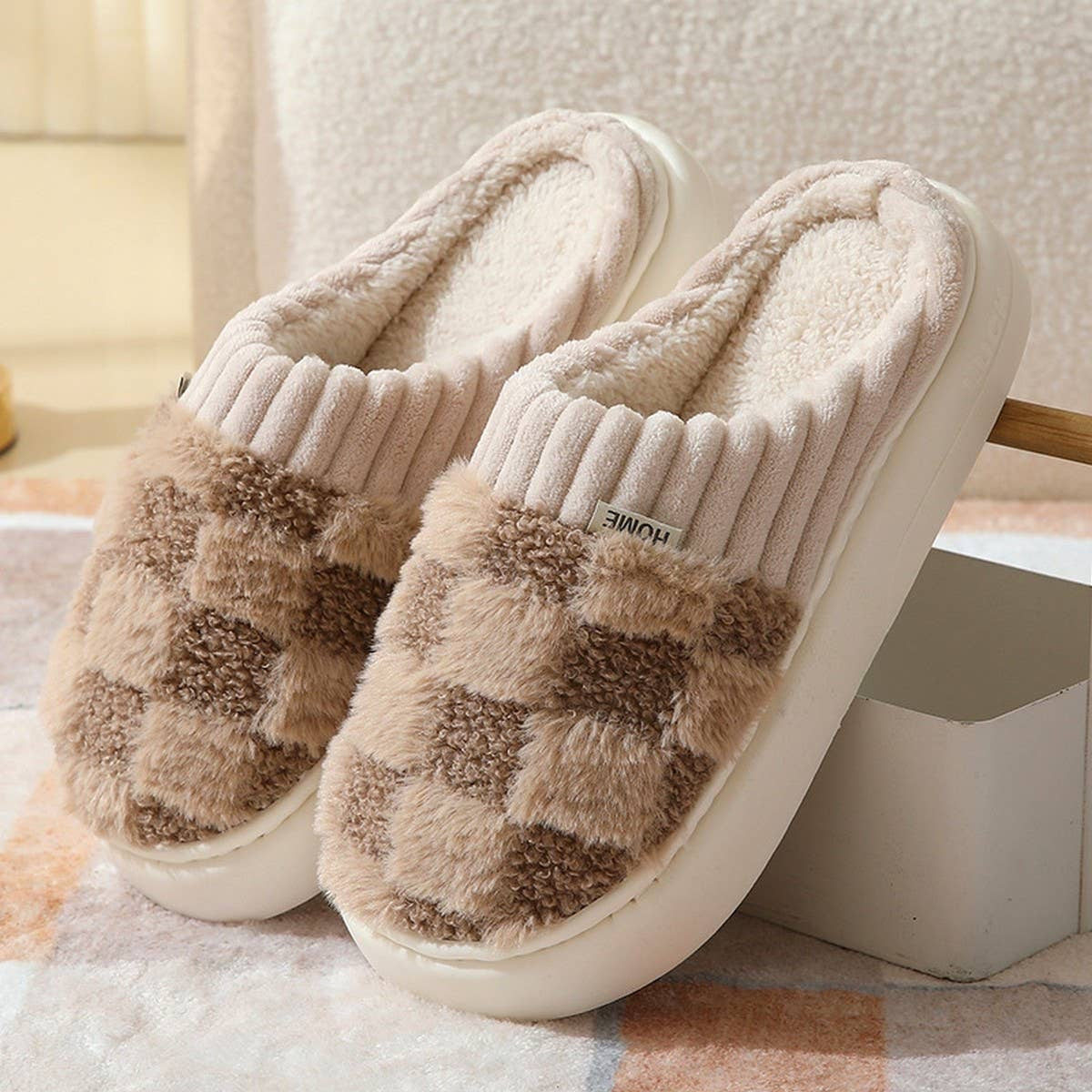 CHECKERED FUZZY WARMIES SLIPPERS- tan