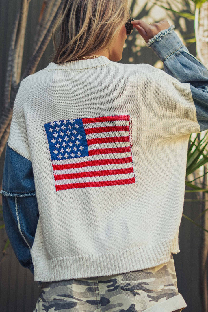 Mixed Media Flag Denim Sleeve Cardigan - Baycreek & Co