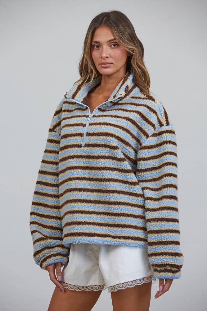 T3535 Relaxed Sherpa Striped Half Zip Pullover - Baycreek & Co