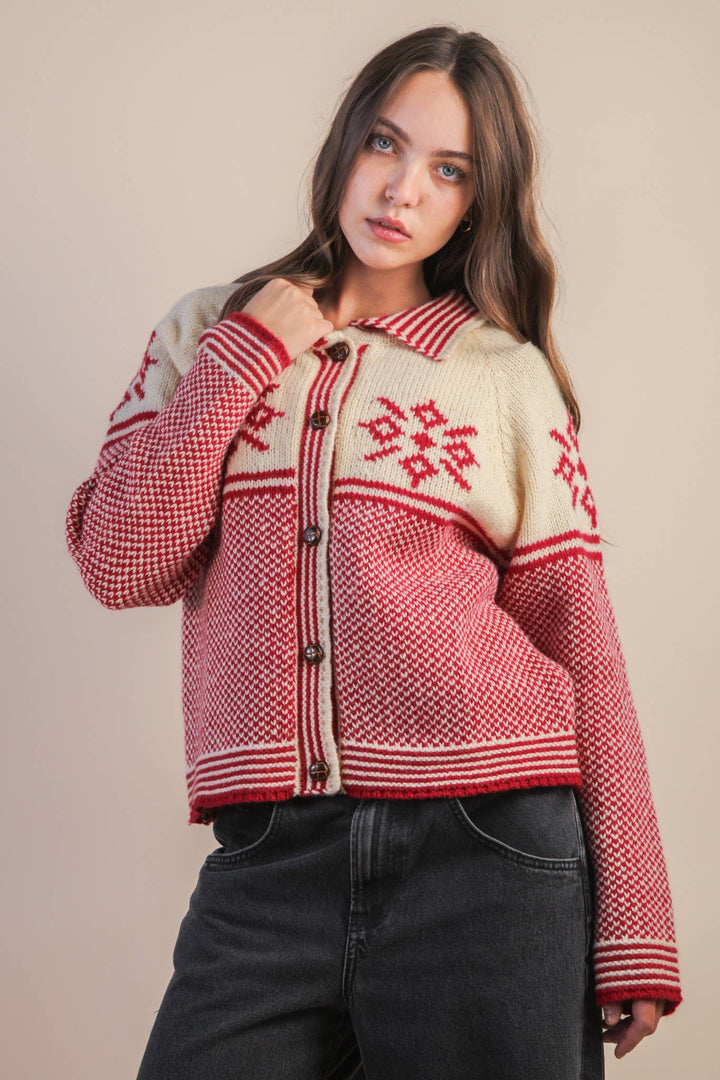 12W3511N-Graphic Collared Knit Sweater Cardigan: LATTE / S-M-L/2-2-2 - Baycreek & Co