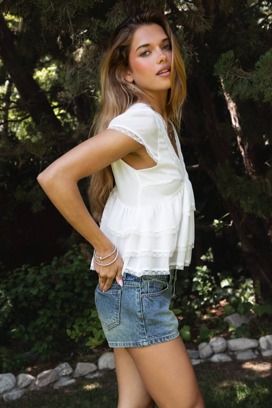 JULIETTE V Neck Tiered Ruffle Short Sleeve Blouse Top - Baycreek & Co