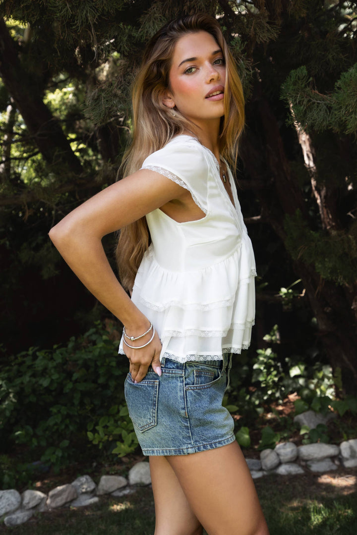 JULIETTE V Neck Tiered Ruffle Short Sleeve Blouse Top - Baycreek & Co