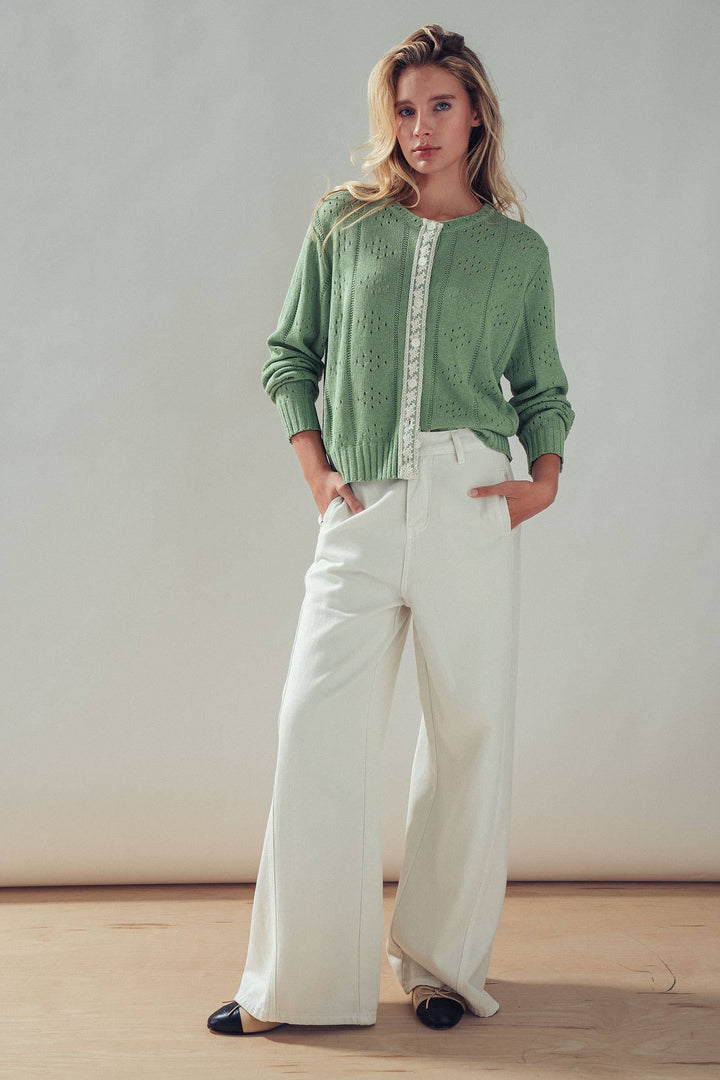 Pointelle Knit Cardigan Lace Trim Button Down - Baycreek & Co