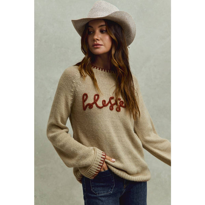 BLESSED THANKSGIVING LETTERING SWEATER TOP: OATMEAL/BRICK / M - Baycreek & Co