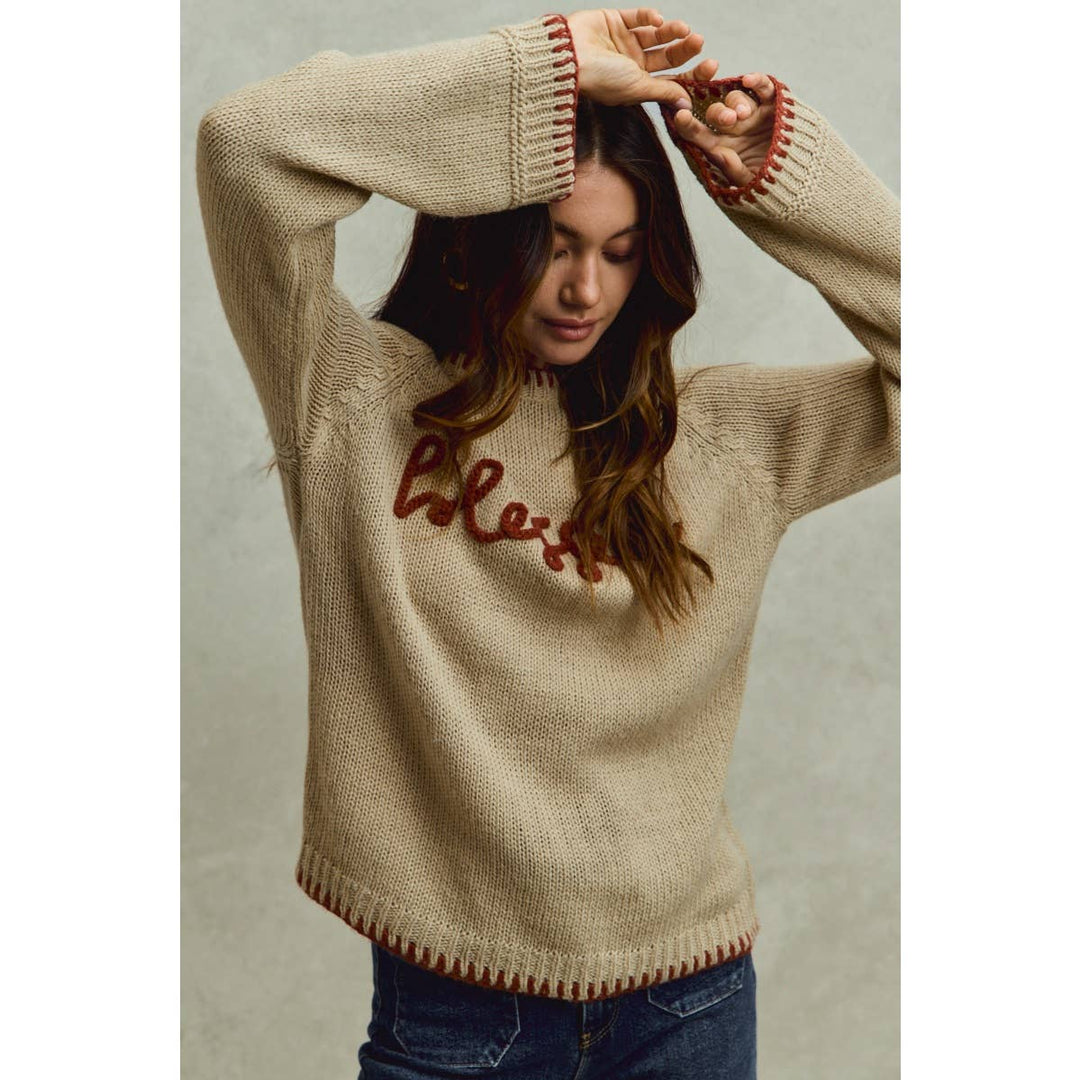 BLESSED THANKSGIVING LETTERING SWEATER TOP: OATMEAL/BRICK / M - Baycreek & Co