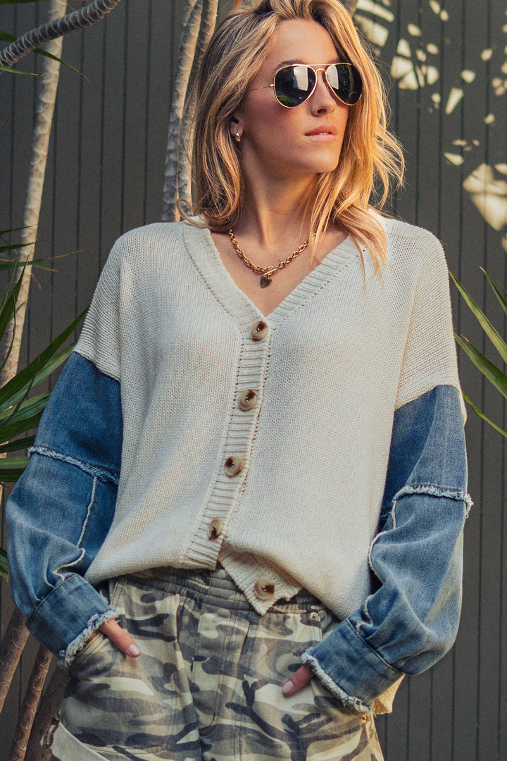 Mixed Media Flag Denim Sleeve Cardigan - Baycreek & Co