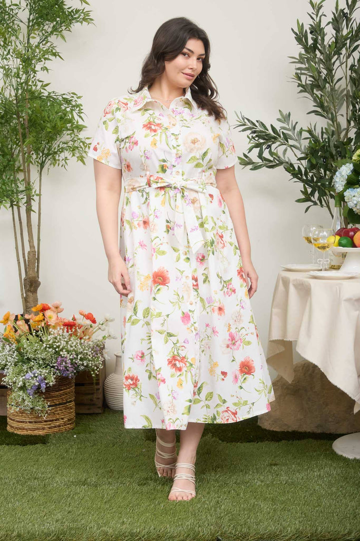 PLUS FLORAL SHORT SLEEVE BELTED MIDI SHIRT DRESS - Baycreek & Co