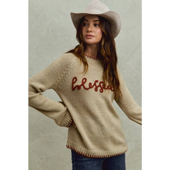 BLESSED THANKSGIVING LETTERING SWEATER TOP: OATMEAL/BRICK / M - Baycreek & Co