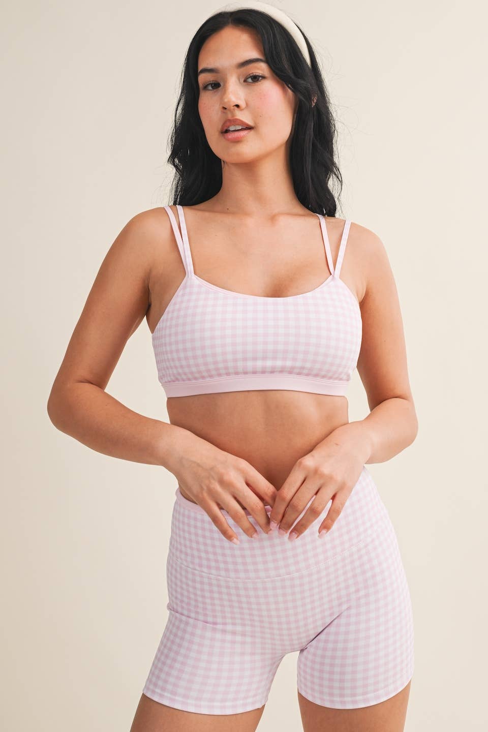 Gingham Print Double Layered Sports Bra - Baycreek & Co