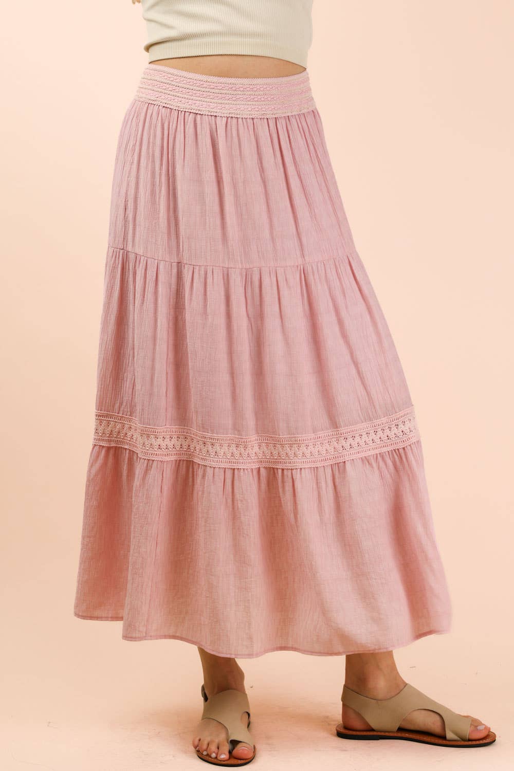 NS50200-Tiered Layers Solid Woven Mini Dress W/ Lace Trim - Baycreek & Co