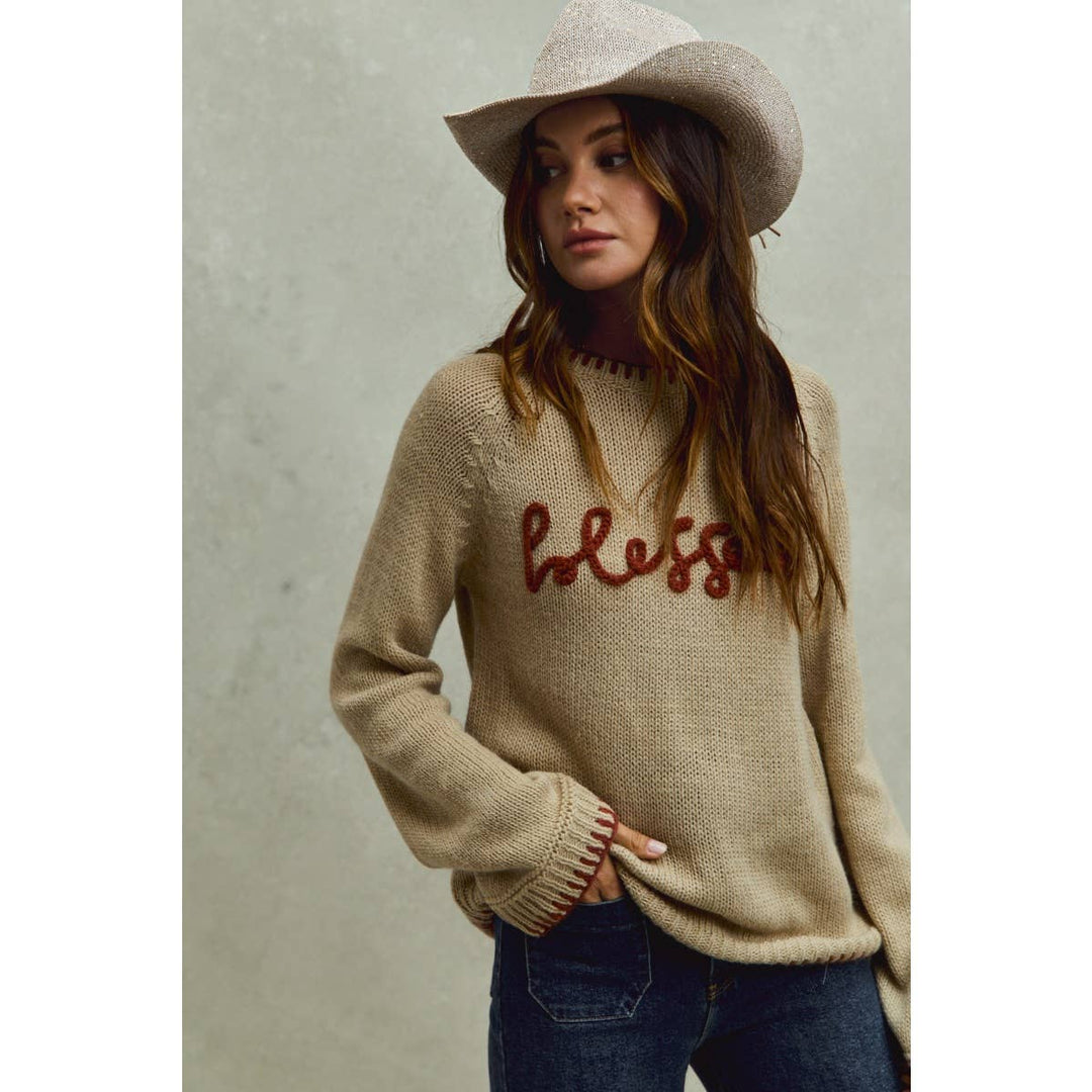BLESSED THANKSGIVING LETTERING SWEATER TOP: OATMEAL/BRICK / M - Baycreek & Co